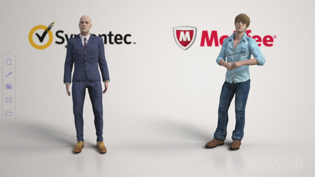 illustration of two figures, a businessman in front of a Symantec logo, and a casually dressed coder in front of a McAfee logo