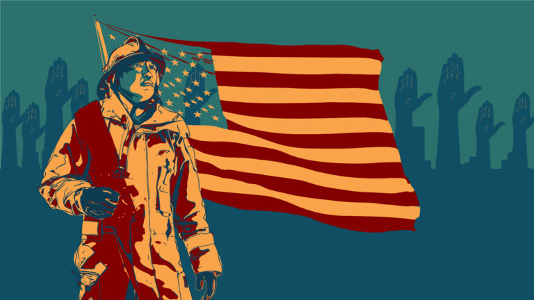 illustration of Asian firefighter with American flag behind